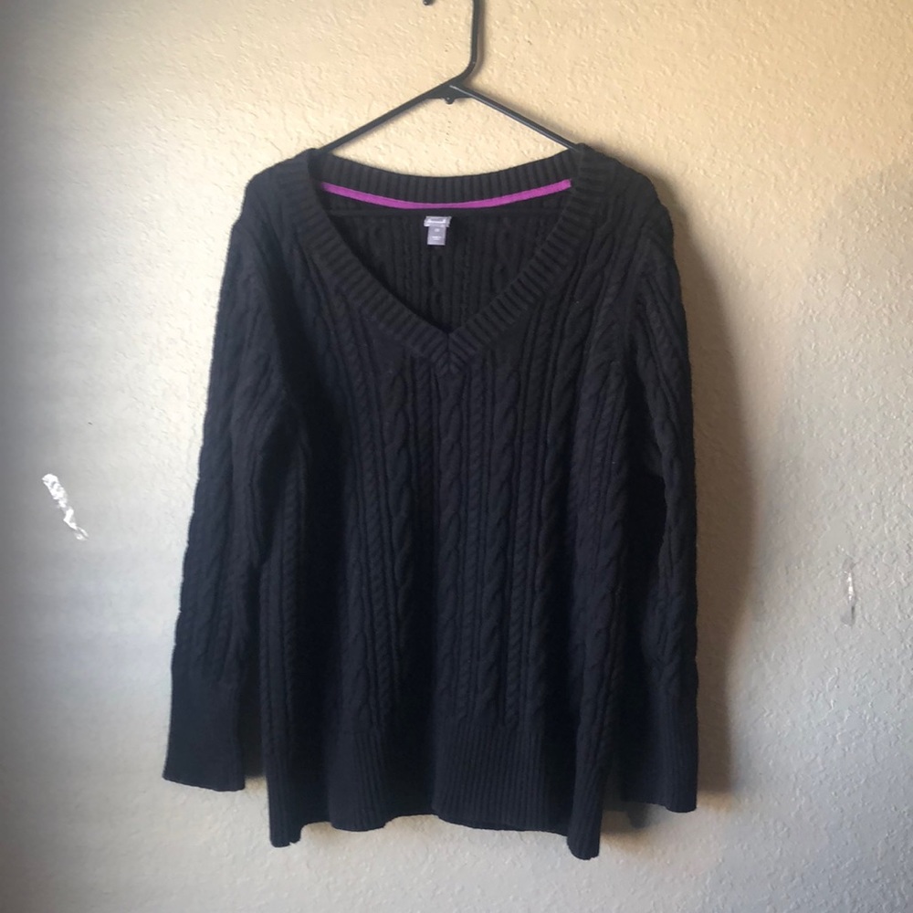 Women’s Sweater JCP Black V-Neck Cable Knit Sweater Size 1X Preppy Classic